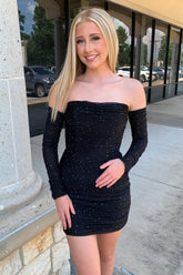 Misshow Sparkly Black Strapless Tight Short Homecoming Dress/Mini Dress with Long Sleeves